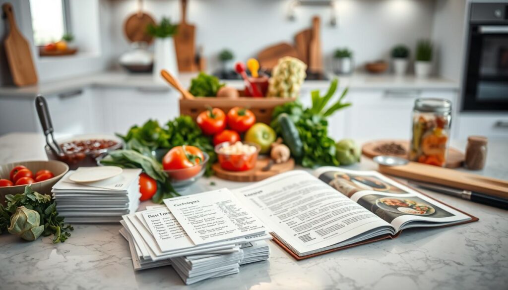 A well-lit countertop filled with an array of fresh ingredients, recipes, and kitchen tools, creating a vibrant and organized atmosphere. In the foreground, a stack of recipe cards with handwritten notes and a cookbook open to enticing dishes. In the middle ground, various chopped vegetables, herbs, and spices neatly arranged, conveying the idea of quick and easy meal preparation. The background showcases a modern, minimalist kitchen, with clean lines and pops of color, suggesting an efficient and streamlined cooking experience. The overall mood is one of simplicity, practicality, and culinary inspiration.