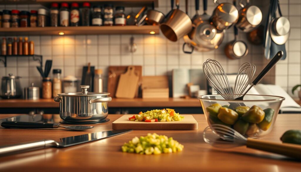 A well-lit, expansive kitchen counter with a variety of cooking implements neatly arranged. In the foreground, a chef's knife, spatula, and whisk reflect the golden tones of the lighting. In the middle ground, a simmering pot, a chopping board with freshly diced vegetables, and a mixing bowl with a whisk mid-stir. The background showcases an array of spice jars, a cookbook, and a hanging rack of shiny pots and pans, creating a sense of culinary mastery. The lighting is warm and inviting, casting a soft glow and highlighting the textures of the tools and ingredients. An atmosphere of focused, hands-on cooking techniques permeates the scene.