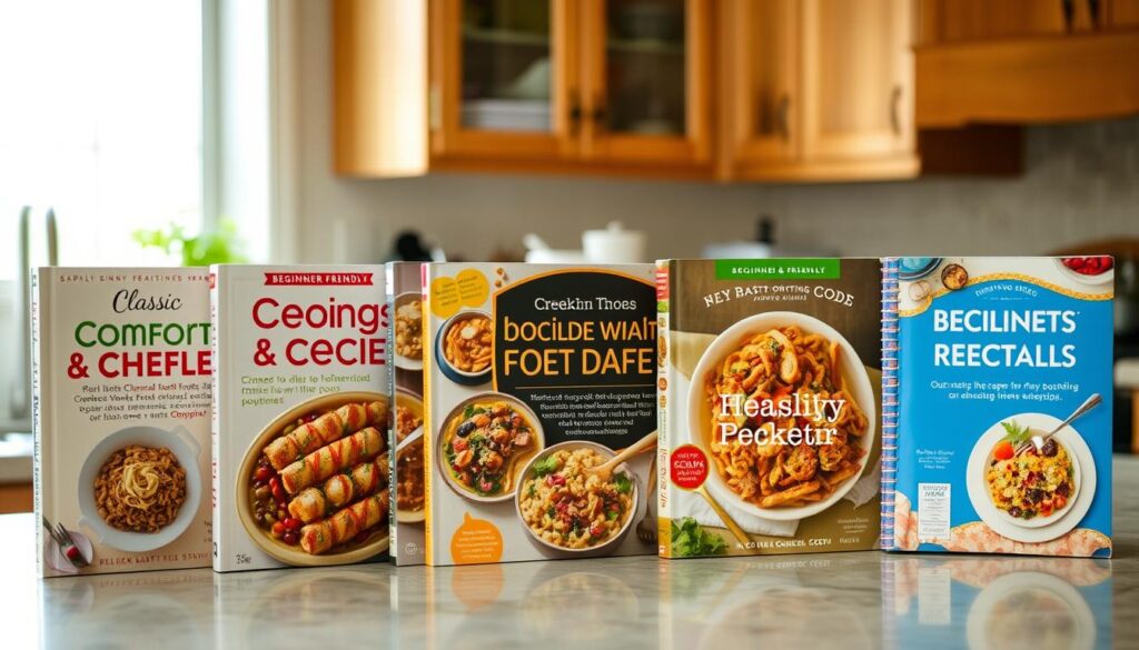 A well-lit kitchen counter displaying a variety of beginner-friendly recipe books, ranging from classic comfort foods to healthy weeknight meals. The books are neatly arranged, their colorful covers and inviting photographs suggesting delicious and easy-to-follow recipes. A warm, natural lighting illuminates the scene, creating a cozy and approachable atmosphere. The background is slightly blurred, allowing the recipe books to take center stage and captivate the viewer's attention, inspiring them to explore new culinary adventures.