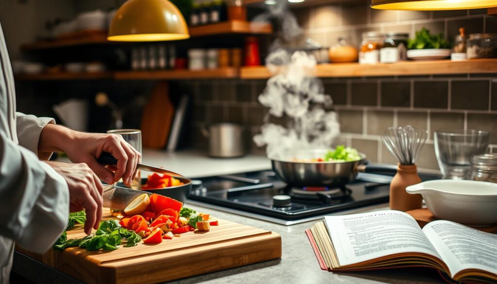 A well-lit kitchen counter showcasing a variety of essential cooking techniques. In the foreground, a chef's hands deftly chopping vegetables on a wooden cutting board, with a sharp chef's knife and a glass of water nearby. In the middle ground, a sizzling pan on the stovetop, steam rising as ingredients are being sautéed. In the background, a rack of spices and herbs, a mixing bowl, and a cookbook open to a recipe page, all illuminated by the warm glow of pendant lighting. The scene conveys a sense of order, focus, and the satisfaction of mastering the fundamentals of home cooking.