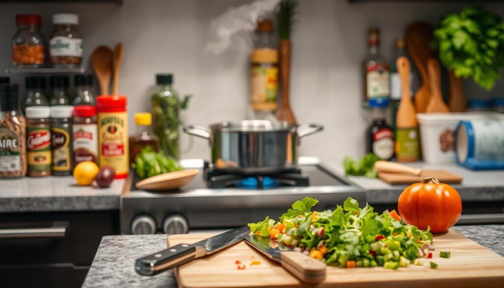 A well-lit kitchen counter showcasing essential cooking tools and ingredients. In the foreground, a cutting board with freshly chopped vegetables, a sharp chef's knife, and a wooden spoon. In the middle ground, a saucepan simmering on a gas stove, steam gently rising. The background features a variety of spices, herbs, and pantry staples neatly arranged, creating a sense of organization and preparedness. The overall mood is one of calm, focused determination, inviting the viewer to explore the fundamentals of home cooking.