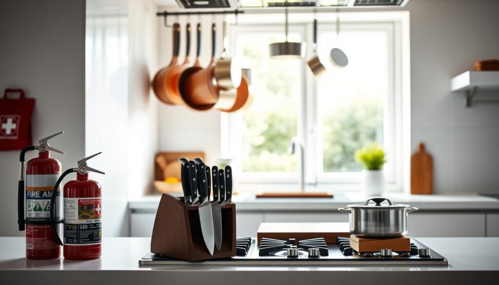 A well-lit, modern kitchen with clean, crisp lines. In the foreground, an array of kitchen safety essentials: a fire extinguisher, a first aid kit, and a set of high-quality chef's knives with a knife block. In the middle ground, a cutting board, a stove with safe burner controls, and a hanging rack of gleaming pots and pans. In the background, a window overlooking a serene garden, filling the space with natural light. The overall atmosphere is one of organization, cleanliness, and a commitment to responsible, safe cooking practices.
