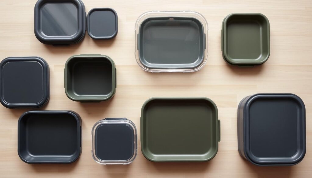 A well-lit, top-down view of a collection of affordable, BPA-free plastic meal prep containers in various sizes and shapes, arranged neatly on a light wooden surface. The containers have clear lids and are in a range of muted colors like navy, olive, and slate gray. The lighting is soft and natural, creating subtle shadows and highlights that accentuate the practical yet stylish design of the containers. The background is clean and uncluttered, allowing the meal prep containers to be the focal point of the image.