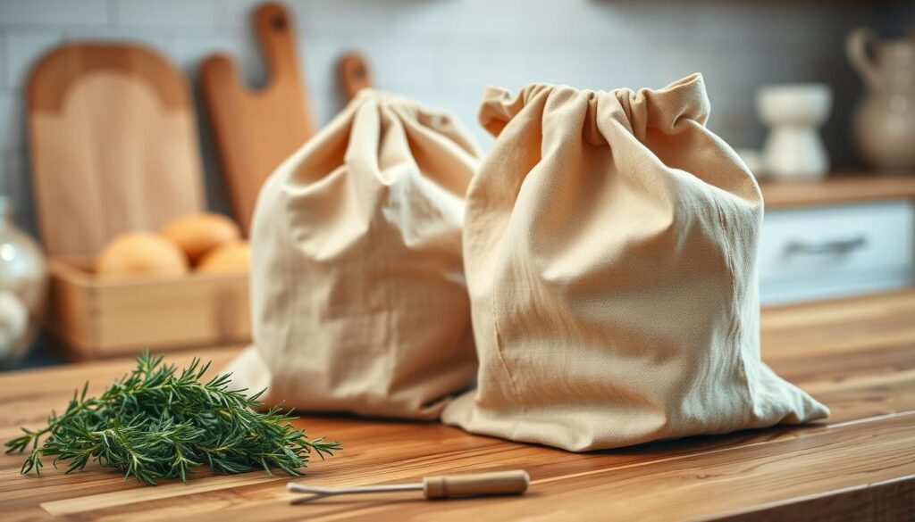 A well-lit wooden kitchen counter, a close-up view of two reusable bread bags made from durable cotton fabric. The bags have a simple, minimalist design with tan or natural tones, contrasting with the warm, rustic wooden surface. Vibrant green herbs, such as rosemary or thyme, are casually arranged nearby, adding a fresh, organic touch. The lighting is soft and diffused, creating a cozy, inviting atmosphere. The focus is on the tactile, sustainable nature of the reusable bread bags, showcasing their practical and aesthetically pleasing qualities.
