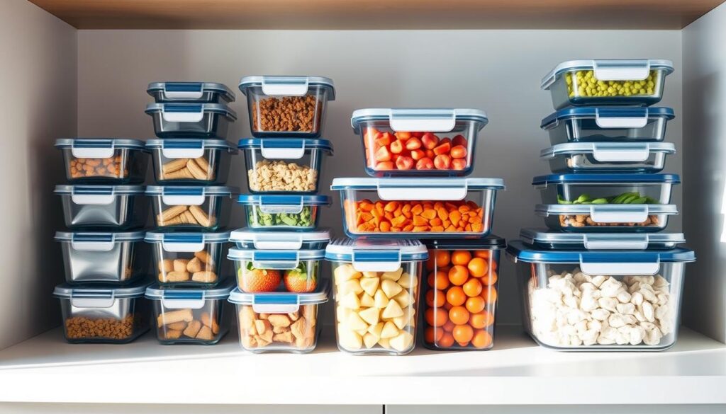 A well-organized array of modular meal prep storage containers in a clean, minimalist kitchen. Sleek, transparent glass or plastic containers with airtight lids in various sizes and shapes, neatly stacked on a wooden or metal shelving unit. Soft, natural lighting illuminates the crisp, organized scene, highlighting the containers' contents and emphasizing their functional purpose. The containers are arranged in a visually appealing manner, suggesting an efficient, streamlined approach to meal planning and food storage. The overall mood is one of calm, organized productivity, suitable for a section on storage solutions that extend food freshness.