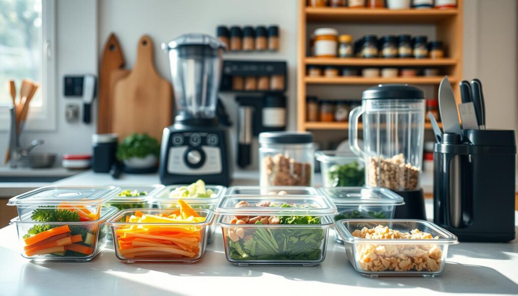 A well-organized kitchen counter, bathed in warm, natural light, showcases various meal prep containers and tools. In the foreground, expertly chopped vegetables, seasoned proteins, and neatly portioned ingredients await assembly. The middle ground features a high-quality blender, a food processor, and a set of sharp knives, all arranged for efficient food preparation. In the background, a magnetic spice rack and a tidy pantry stocked with staple items create a streamlined, productivity-focused atmosphere. The overall scene conveys a sense of organization, time-saving efficiency, and a chef's dedication to crafting nutritious, delicious meals with minimal fuss.