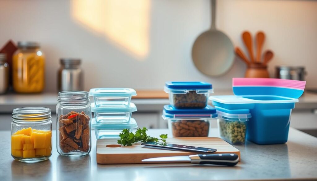 A well-organized kitchen counter, bathed in warm, natural lighting. In the foreground, various food storage containers - glass jars, airtight plastic boxes, and reusable silicone bags - neatly arranged, showcasing efficient storage solutions. In the middle ground, a cutting board with fresh herbs and a knife, hinting at the importance of food safety and preparation. The background features a minimalist backsplash, adding a clean, modern aesthetic to the scene. The overall mood is one of organization, simplicity, and attention to detail - key principles for cooking with safety in mind.