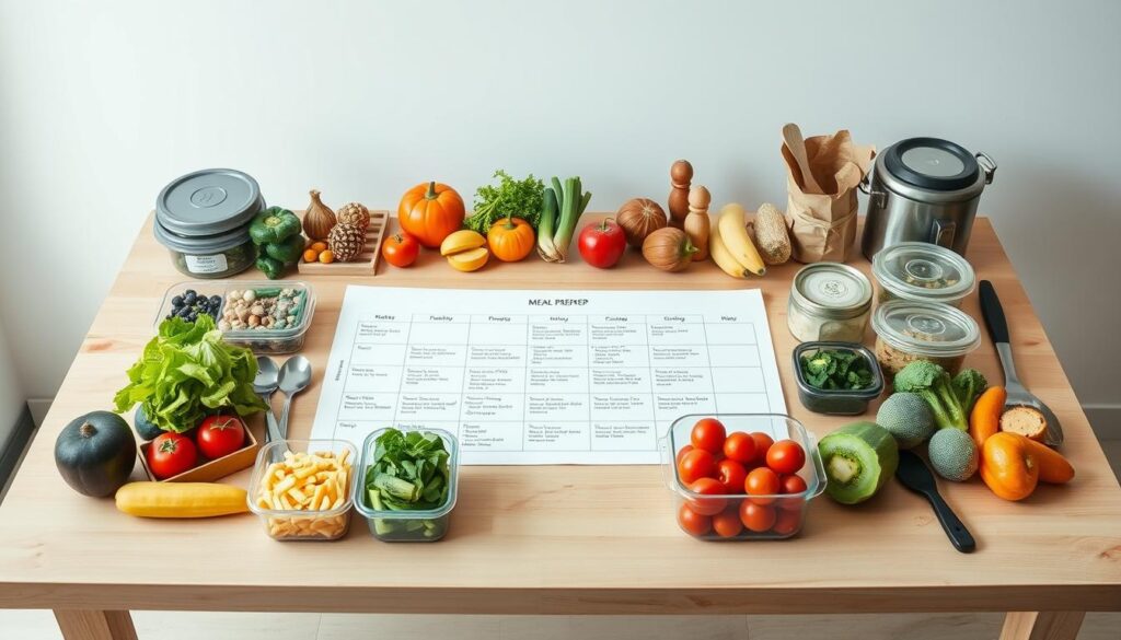 A well-organized weekly meal prep planner laid out on a clean, minimalist wooden table. In the foreground, various fresh produce, labeled containers, and cooking utensils are artfully arranged, conveying a sense of order and efficiency. The middle ground features a neatly organized schedule or checklist, highlighting the benefits of meal prepping, such as time savings and reduced food waste. The background depicts a serene, natural setting with soft, even lighting, creating a calming atmosphere that inspires healthy eating habits.