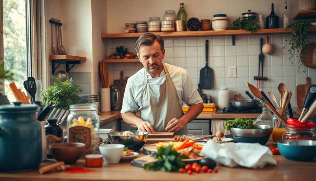 A well-stocked kitchen counter, with various cooking utensils and ingredients strewn about. A chef, wearing a crisp apron, stands before the counter, a look of intense concentration on their face as they experiment with a new recipe. Soft, natural lighting filters in from a nearby window, casting a warm, inviting glow on the scene. The atmosphere is one of creative exploration, with a touch of playful experimentation. Spices, herbs, and a mix of familiar and unfamiliar items hint at the chef's adventurous spirit and willingness to try new things. The overall impression is one of a kitchen in the throes of culinary innovation, where the boundaries of traditional cooking are being pushed and the possibilities of the culinary arts are being actively explored.