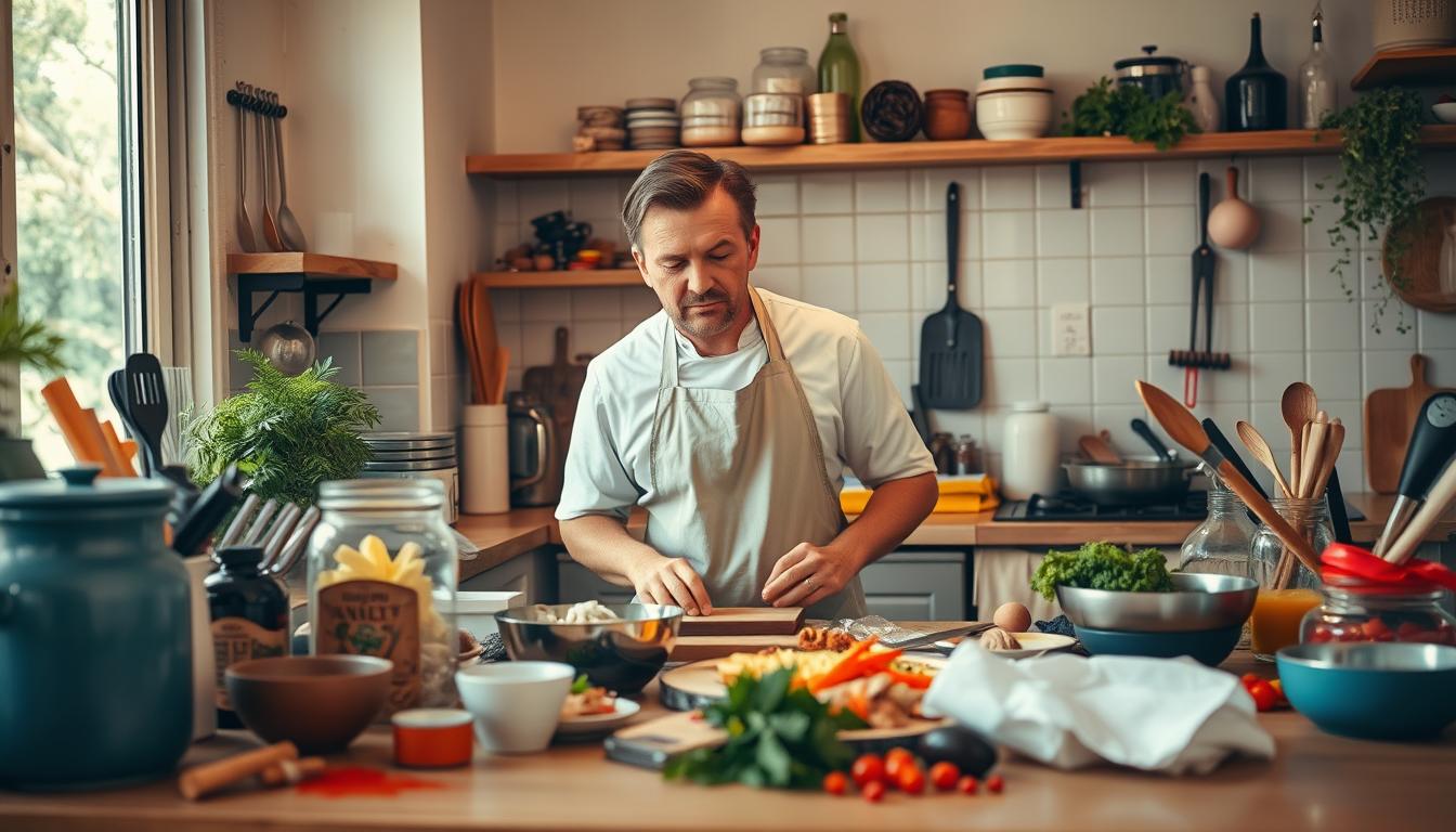 A well-stocked kitchen counter, with various cooking utensils and ingredients strewn about. A chef, wearing a crisp apron, stands before the counter, a look of intense concentration on their face as they experiment with a new recipe. Soft, natural lighting filters in from a nearby window, casting a warm, inviting glow on the scene. The atmosphere is one of creative exploration, with a touch of playful experimentation. Spices, herbs, and a mix of familiar and unfamiliar items hint at the chef's adventurous spirit and willingness to try new things. The overall impression is one of a kitchen in the throes of culinary innovation, where the boundaries of traditional cooking are being pushed and the possibilities of the culinary arts are being actively explored.