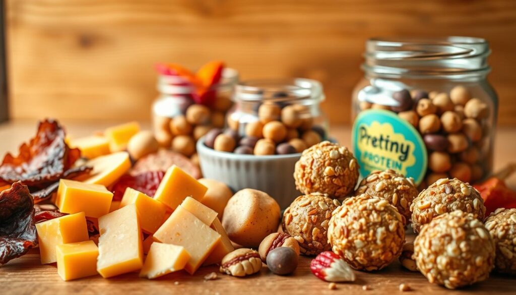 A whimsical still life of protein-packed snacks perfect for growing kids' lunchboxes. In the foreground, an assortment of colorful, bite-sized treats - crunchy cheese cubes, juicy slices of turkey jerky, creamy peanut butter balls rolled in crushed nuts. In the middle ground, a glass jar filled with protein-rich chickpeas, and a small bowl of dried fruit. The background features a textured wooden table, with natural lighting casting a warm, golden glow over the scene. The overall mood is vibrant, nutritious, and designed to appeal to young, active minds and bodies.