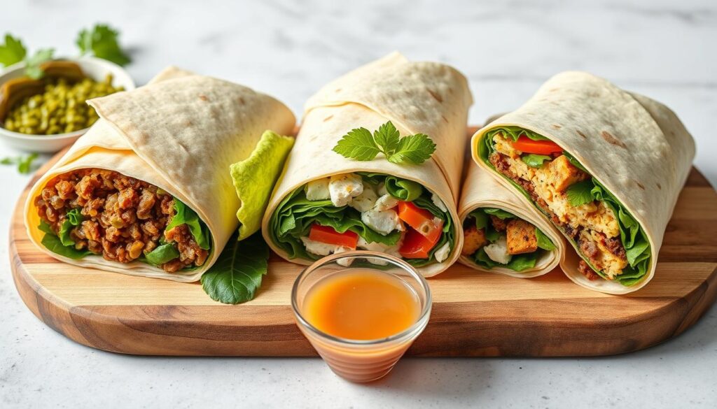 All three protein-packed wraps displayed together on a serving platter All three protein-packed wraps displayed together on a serving platter