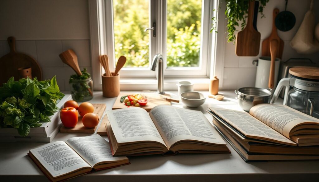 An airy, minimalist kitchen counter filled with an assortment of cookbooks, fresh produce, and cooking utensils, bathed in warm, natural lighting. In the foreground, a selection of well-worn, dog-eared recipe books, their pages open to reveal inviting dishes. In the middle ground, a cutting board with freshly chopped vegetables, a whisk, and a mixing bowl. The background features a window overlooking a lush, verdant garden, creating a sense of calm and inspiration. The overall mood is one of simplicity, accessibility, and the joy of home cooking for beginners.