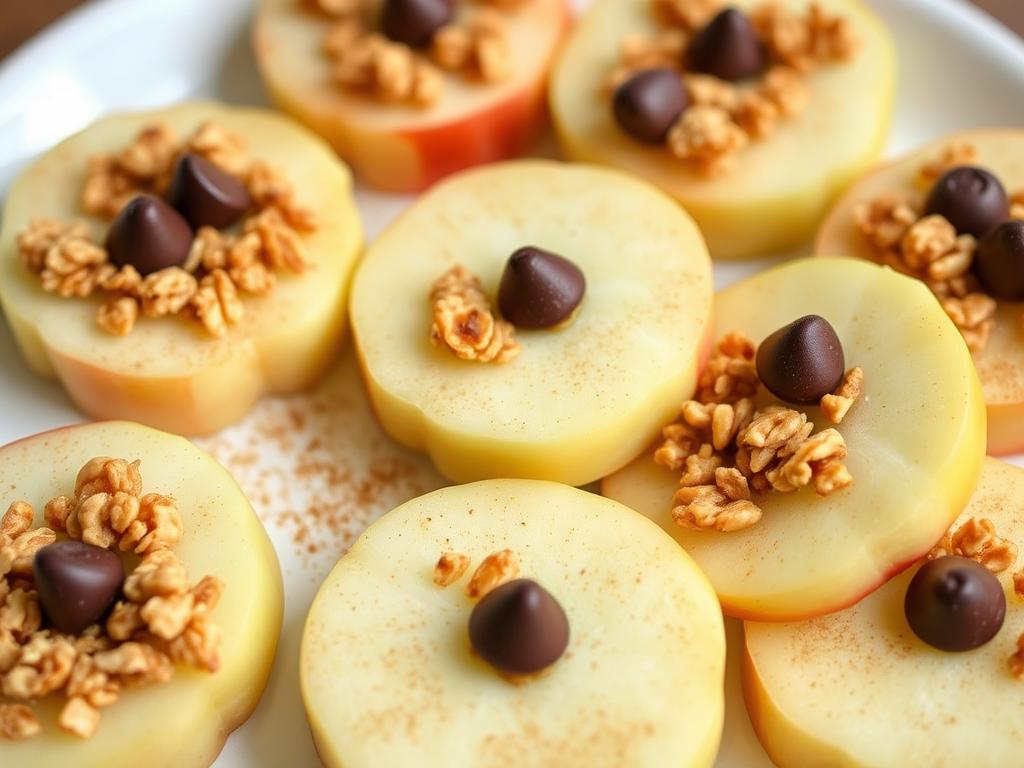 Apple sandwich rounds made with horizontal apple slices filled with sunbutter and toppings Apple sandwich rounds made with horizontal apple slices filled with sunbutter and toppings