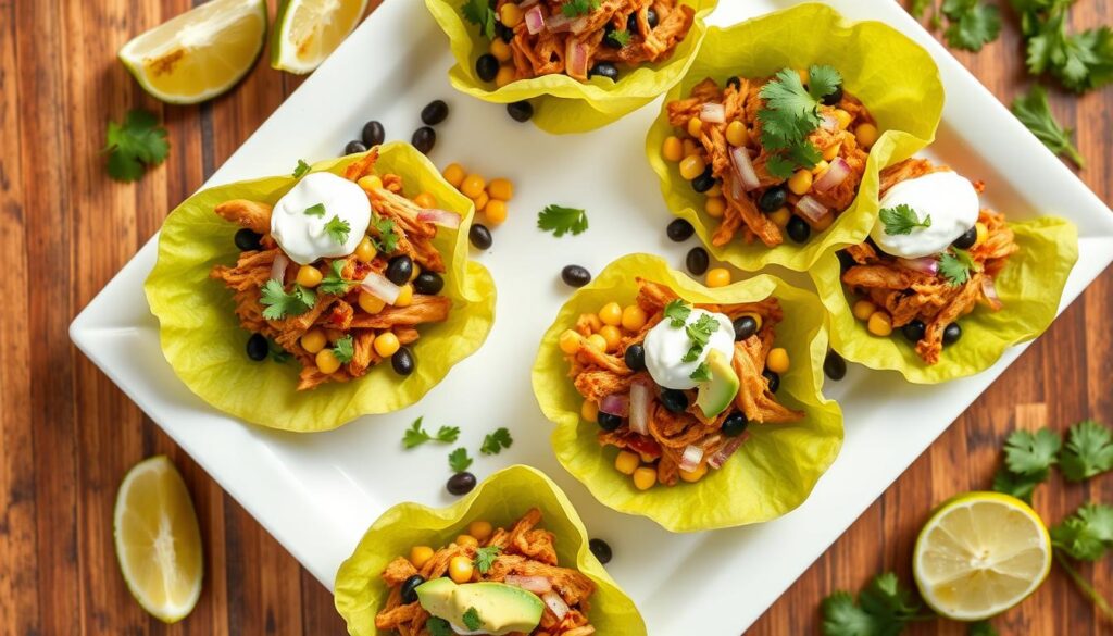 BBQ Chicken Lettuce Cups arranged on a platter for summer lunch recipes 2025 BBQ Chicken Lettuce Cups arranged on a platter for summer lunch recipes 2025