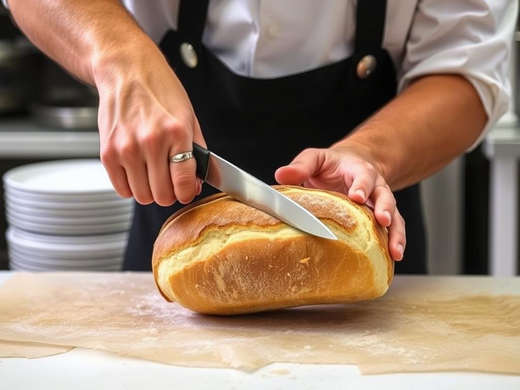 Baker demonstrating how to slice bread from the middle rather than the end Baker demonstrating how to slice bread from the middle rather than the end