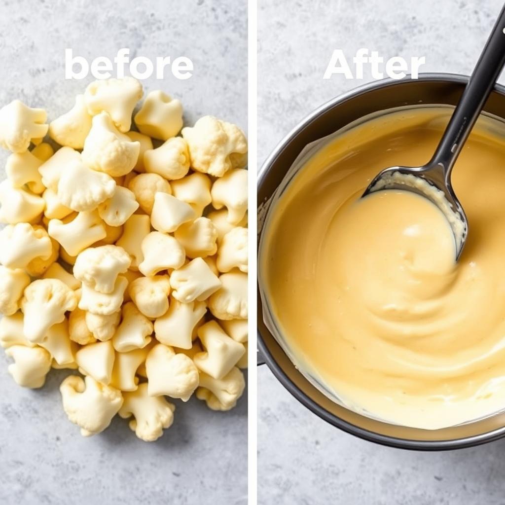 Before and after of blended cauliflower mac and cheese sauce Before and after of blended cauliflower mac and cheese sauce