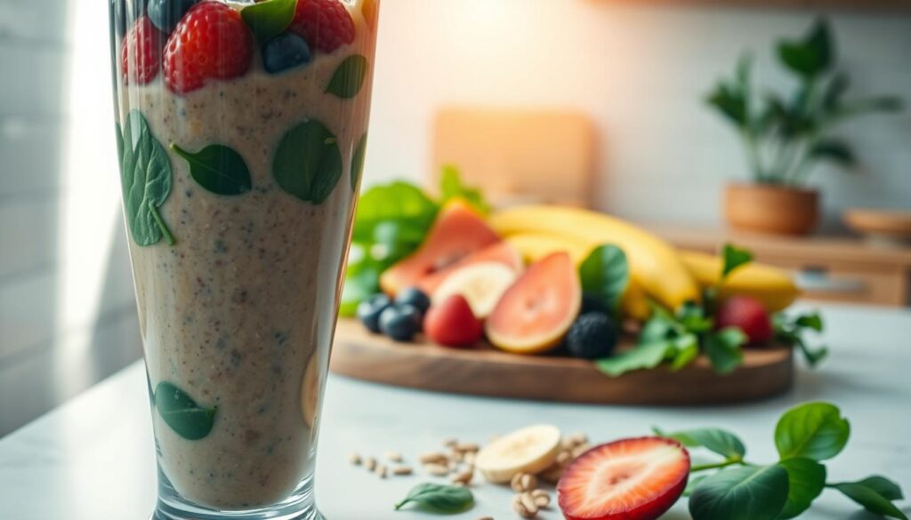 Blood Sugar Balancing Smoothie with spinach, chia seeds, and berries