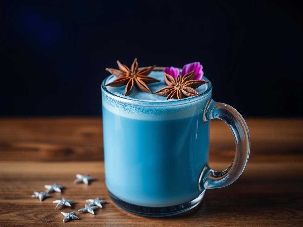 Blue moon-themed recipes USA milk in glass with star anise garnish Blue moon-themed recipes USA milk in glass with star anise garnish