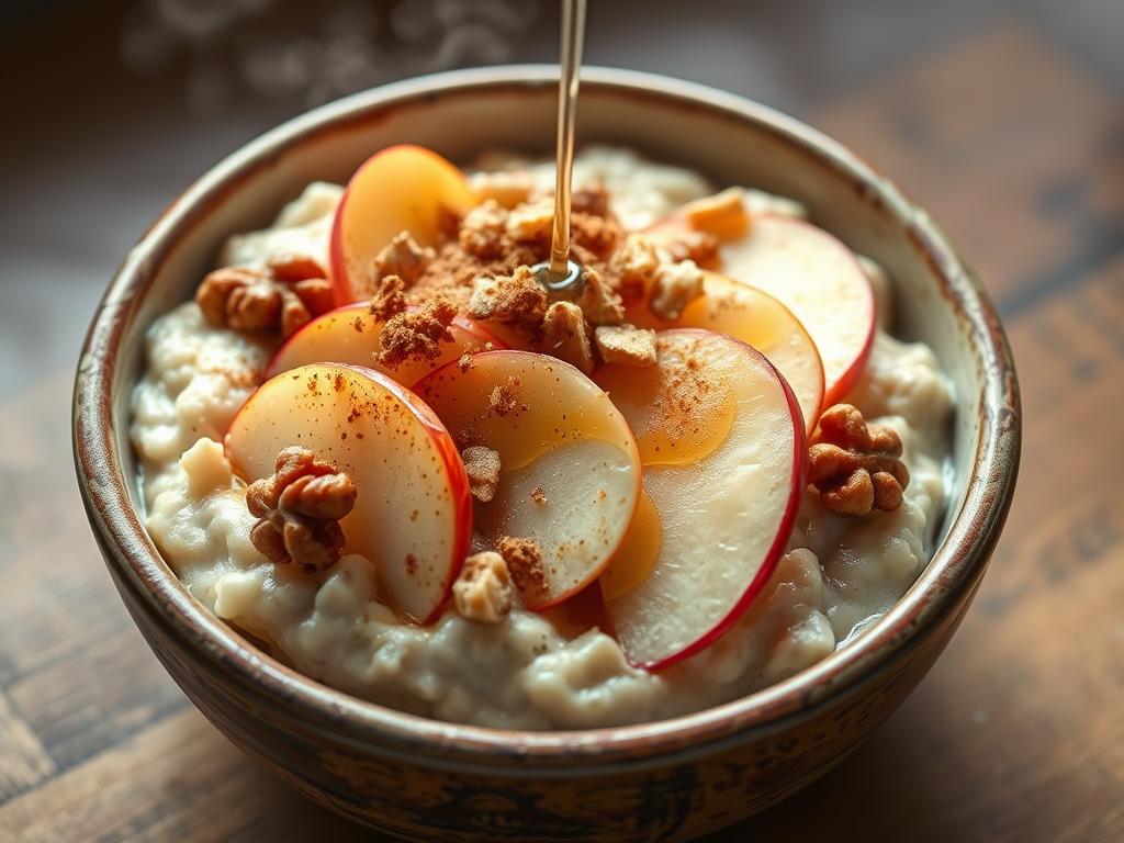Bowl of creamy oatmeal topped with apple slices, cinnamon, and nuts Bowl of creamy oatmeal topped with apple slices, cinnamon, and nuts