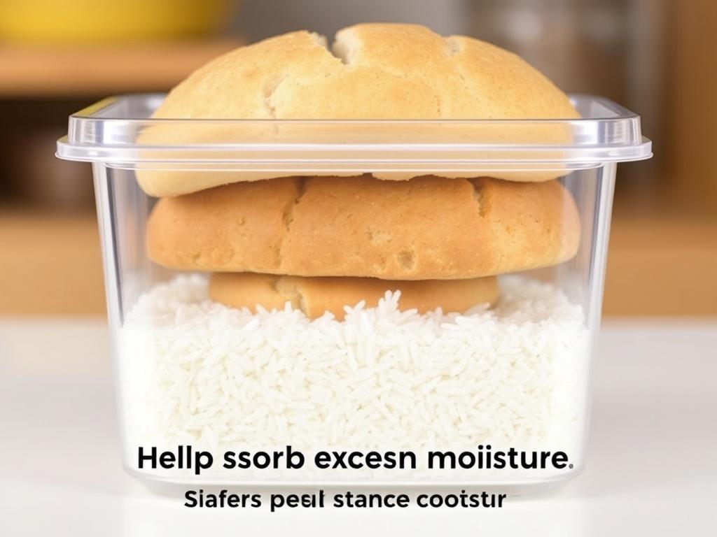 Bread stored in container with uncooked rice at the bottom Bread stored in container with uncooked rice at the bottom