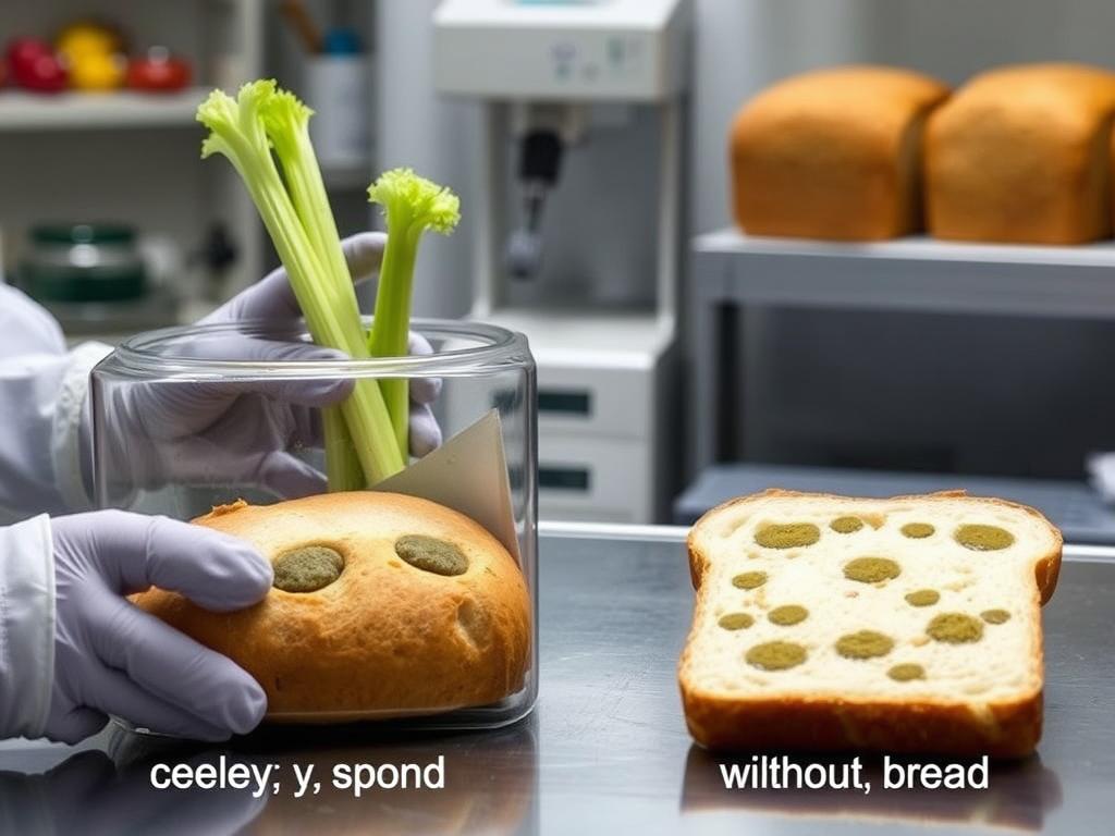 Bread stored with celery stalk showing mold development Bread stored with celery stalk showing mold development