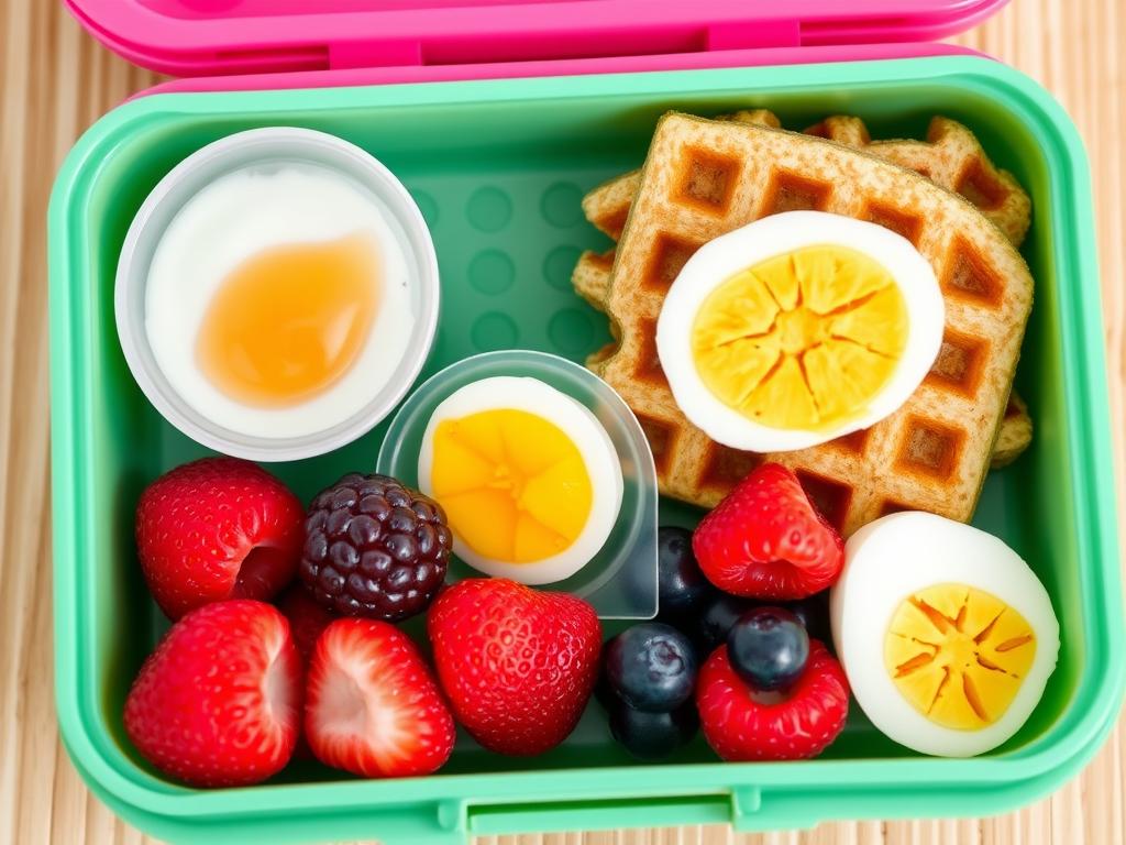 Breakfast for lunch bento box with mini waffles, egg, yogurt and berries Breakfast for lunch bento box with mini waffles, egg, yogurt and berries