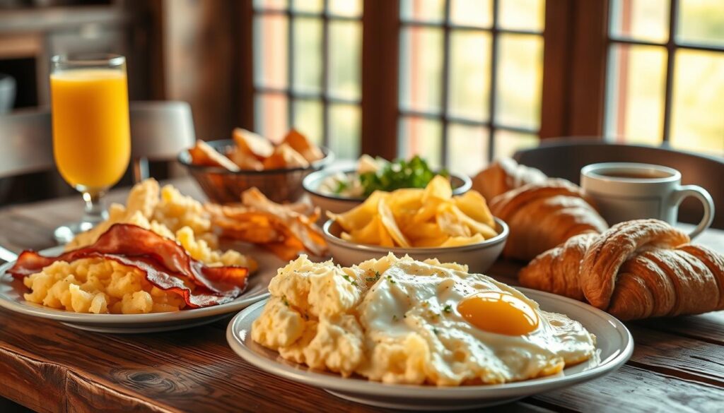 Breakfast-for-lunch recipes, a vibrant spread on a rustic wooden table. Fluffy scrambled eggs, crisp bacon, golden hash browns, and freshly baked croissants arranged in an appetizing display. Soft, natural lighting from a large window casts a warm glow, highlighting the textures and colors. A glass of fresh-squeezed orange juice and a steaming cup of coffee complete the scene, evoking the comfort and indulgence of a leisurely brunch. The composition is balanced, with the main dishes taking center stage, surrounded by complementary elements that create a harmonious, mouthwatering tableau.