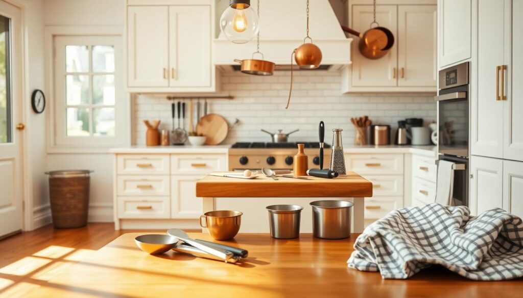 Brightly lit kitchen interior, warm hardwood floors, white cabinetry and subway tile backsplash. On the countertop, a cutting board with various kitchen tools - sharp knives, peeler, grater - arranged neatly. In the foreground, a set of measuring cups and spoons, and a dish towel folded nearby. Hanging above, copper pots and pans gleam under the soft glow of pendant lights. The scene exudes a sense of order and safety, inviting the viewer to confidently prepare a delicious meal.