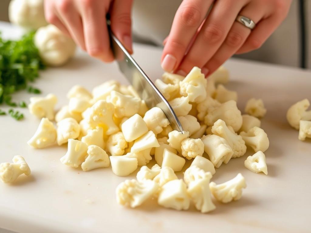 Cauliflower florets being cut for mac and cheese