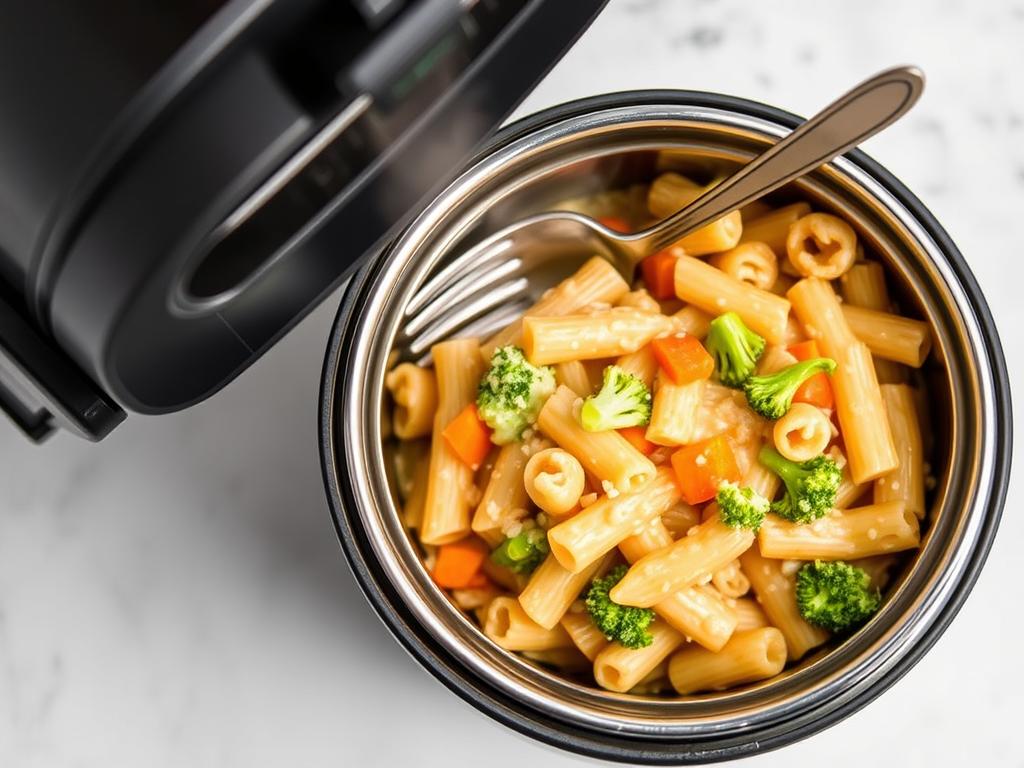 Cheesy pasta with tiny broccoli and carrot pieces in a thermos container Cheesy pasta with tiny broccoli and carrot pieces in a thermos container