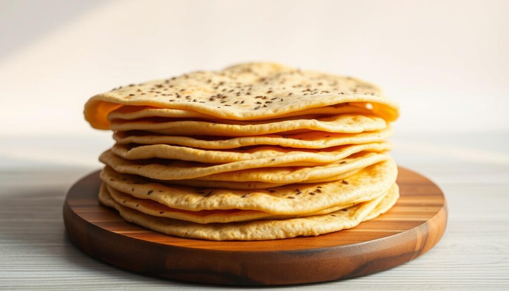 Chickpea flour wraps with chia seeds, neatly stacked on a wooden board. The wraps have a soft, pliable texture, with a golden hue and faint speckles of chia seeds throughout. The board is set against a clean, minimalist background, allowing the wraps to be the focal point. Warm, natural lighting casts gentle shadows, emphasizing the delicate layers and the subtle sheen of the wraps. The composition is balanced, with the wraps arranged in an aesthetically pleasing manner, highlighting their homemade quality and artisanal appeal. The overall mood is one of simplicity, wholesomeness, and culinary craftsmanship.