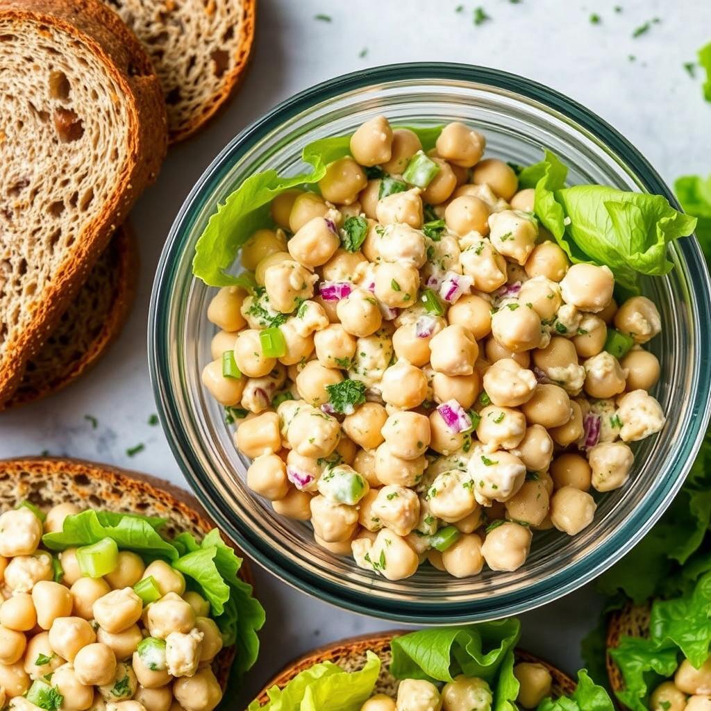Chickpea salad sandwich filling in a container with bread slices Chickpea salad sandwich filling in a container with bread slices