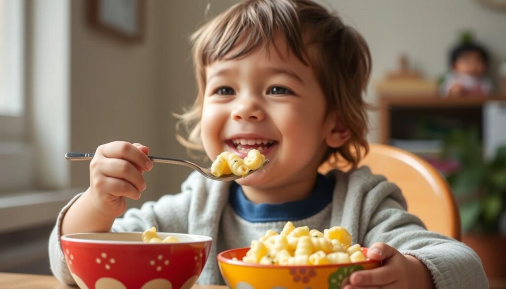 Child happily eating cauliflower mac and cheese with hidden veggies