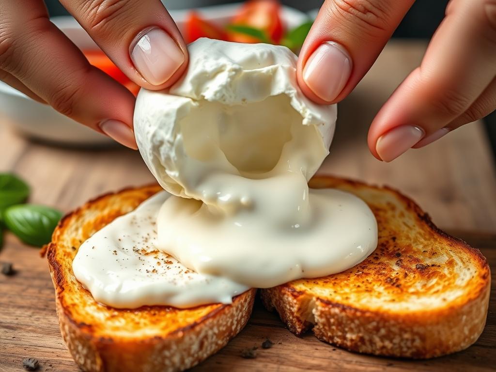 Close-up of burrata cheese being torn over toast for summer lunch recipes 2025 Close-up of burrata cheese being torn over toast for summer lunch recipes 2025