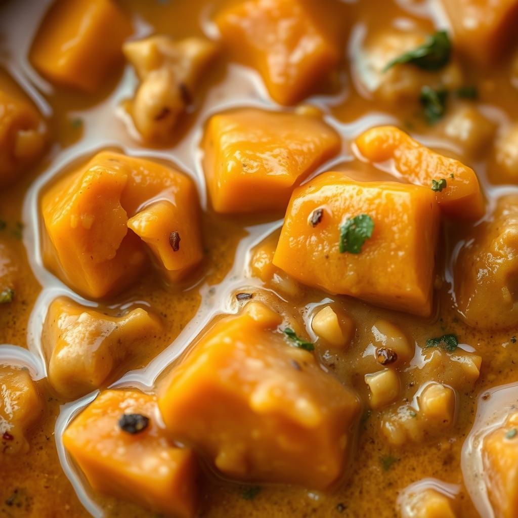 Close-up of creamy vegan peanut stew texture showing sweet potatoes Close-up of creamy vegan peanut stew texture showing sweet potatoes