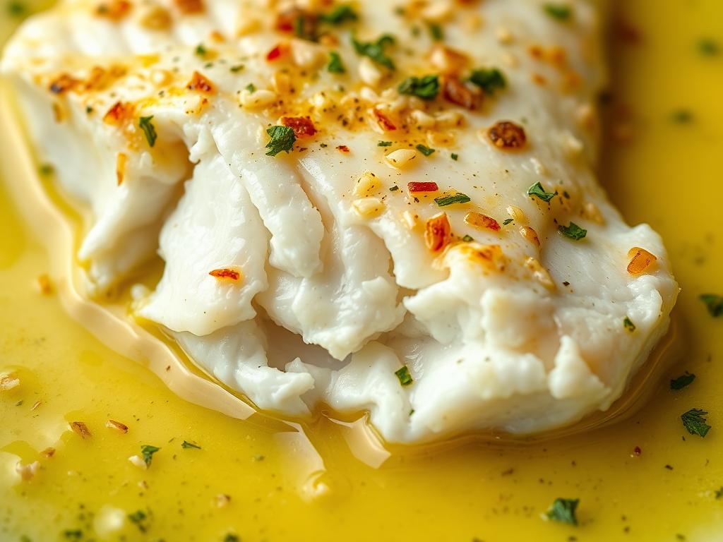 Close-up of garlic butter baked cod showing the flaky texture and buttery sauce Close-up of garlic butter baked cod showing the flaky texture and buttery sauce