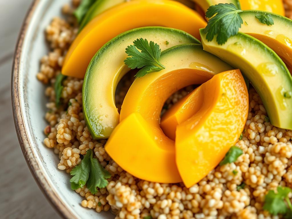 Close-up of mango and avocado slices on quinoa for summer lunch recipes 2025 Close-up of mango and avocado slices on quinoa for summer lunch recipes 2025