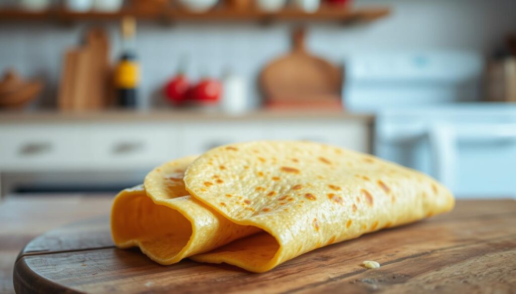 Closeup of two golden-brown plantain wraps, neatly arranged on a rustic wooden board. The wraps have a slight glistening sheen, suggesting a light coating of oil or butter. In the background, a soft focus blur reveals a simple kitchen setting with natural light filtering in, creating a warm, homey atmosphere. The plantain wraps are the focal point, their delicate texture and inviting appearance emphasizing their versatility as a grain-free wrap option.