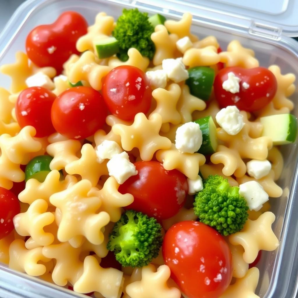 Cold pasta salad with vegetables and cheese in a lunch container Cold pasta salad with vegetables and cheese in a lunch container