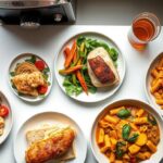 Collage of five easy NYC-inspired dinner recipes on a kitchen counter
