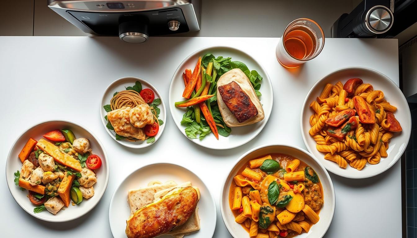 Collage of five easy NYC-inspired dinner recipes on a kitchen counter