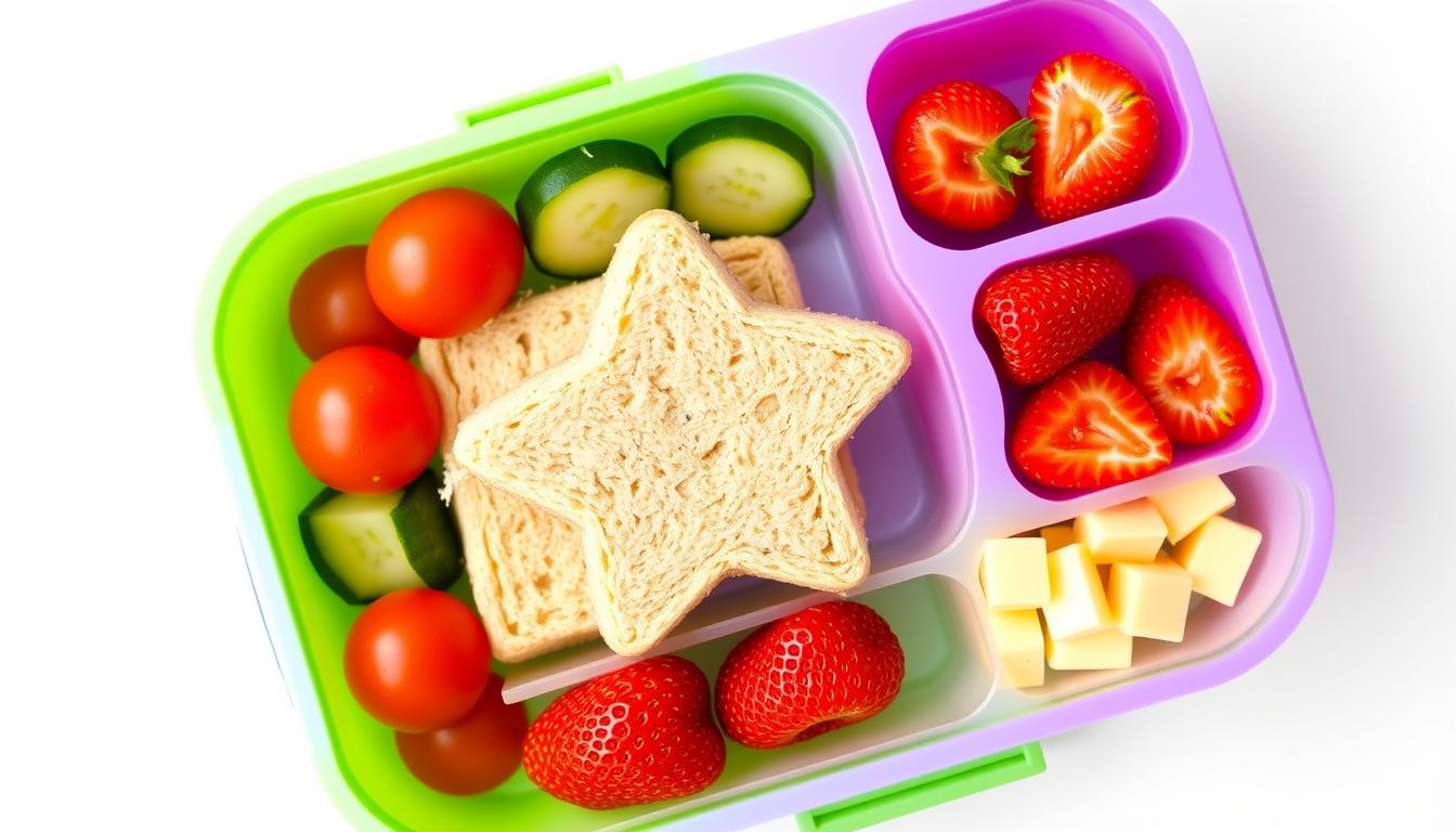 Colorful bento box filled with creative lunch ideas for kids including fruit, vegetables, and fun-shaped sandwiches