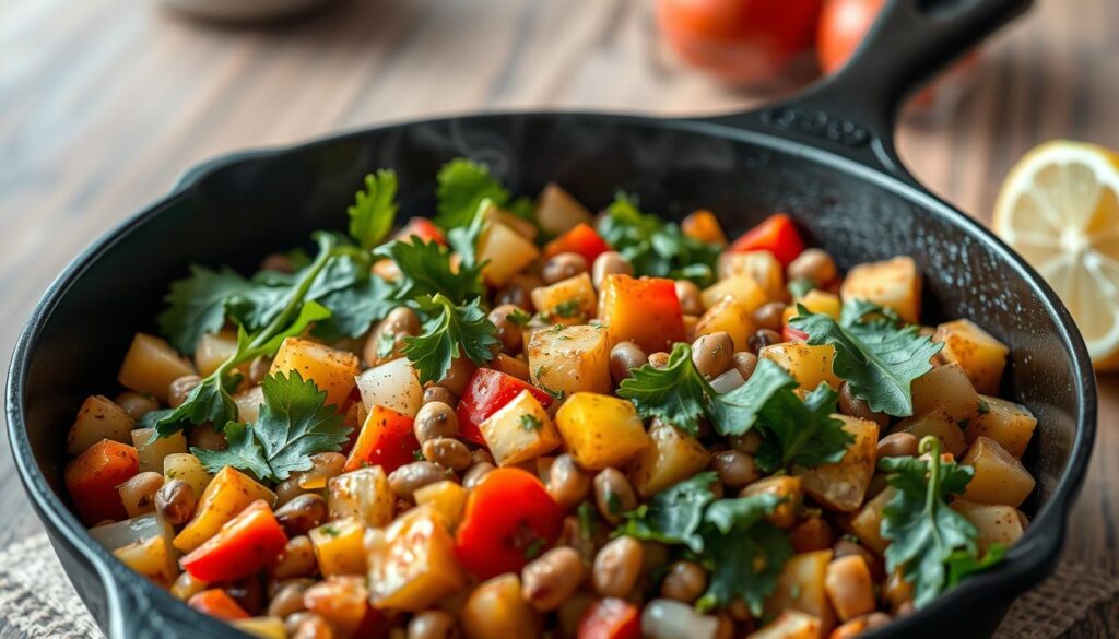 Colorful breakfast hash with beans, potatoes, and vegetables in a cast iron skillet Colorful breakfast hash with beans, potatoes, and vegetables in a cast iron skillet