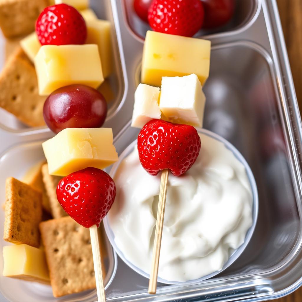 Colorful fruit and cheese pieces on small skewers in a lunch box Colorful fruit and cheese pieces on small skewers in a lunch box