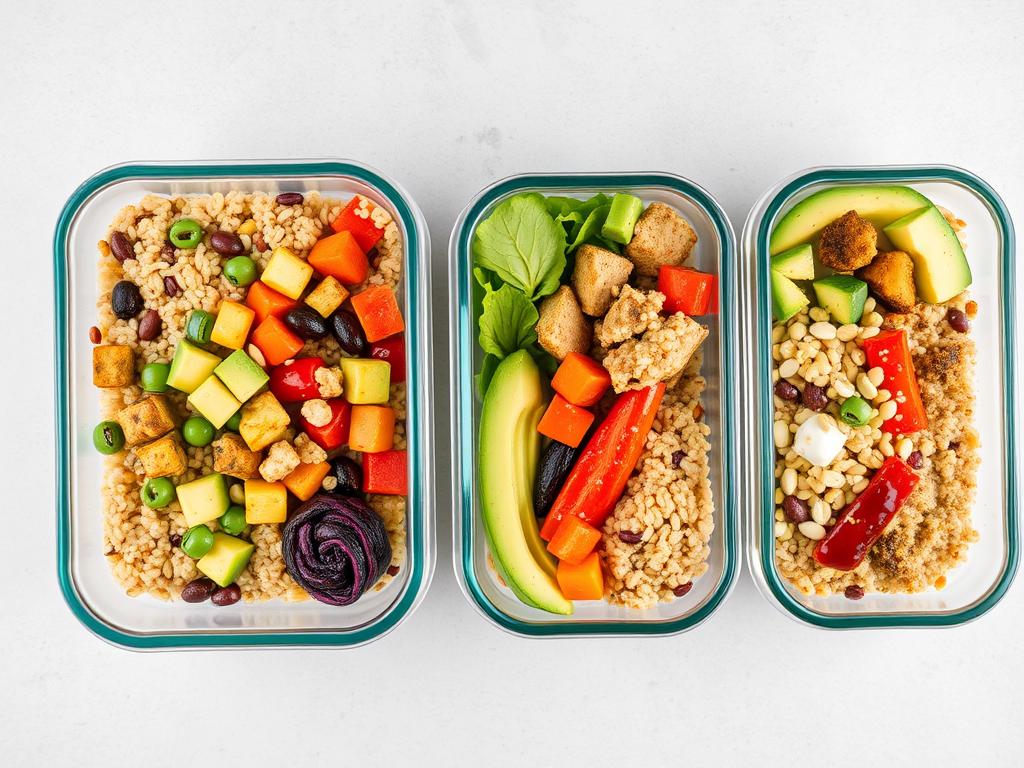 Colorful grain bowl meal prep containers with various toppings Colorful grain bowl meal prep containers with various toppings