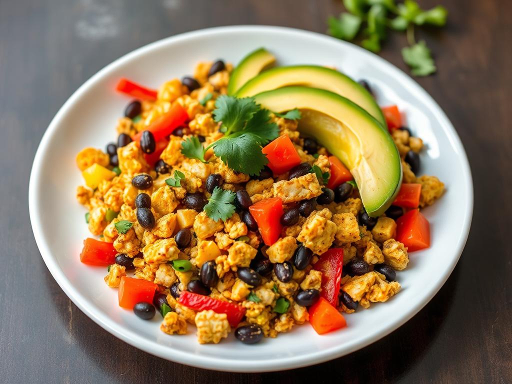 Colorful southwest tofu scramble with bell peppers, black beans, and avocado on a plate with a fork Colorful southwest tofu scramble with bell peppers, black beans, and avocado on a plate with a fork