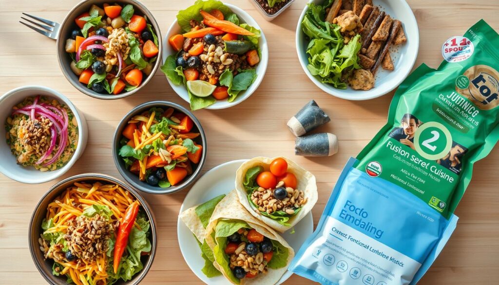 Colorful spread of innovative lunch options showcasing Top 5 Lunch Trends for 2025