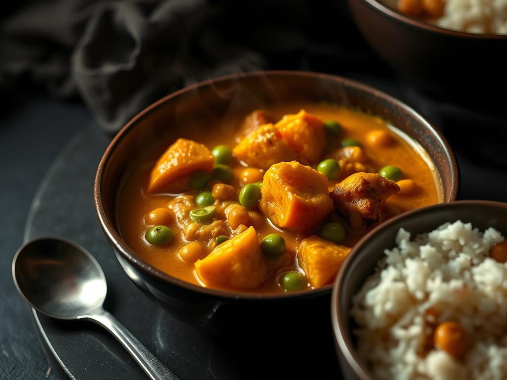 Colorful vegetable curry in a bowl with rice Colorful vegetable curry in a bowl with rice