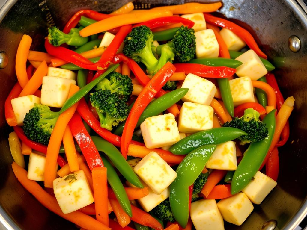 Colorful vegetable stir-fry in a wok with tofu and sauce Colorful vegetable stir-fry in a wok with tofu and sauce